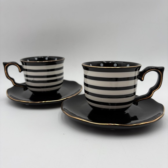 Potter's Studio Black & White Stripe Cup & Saucer Set Gold Accent Decor - Picture 1 of 3